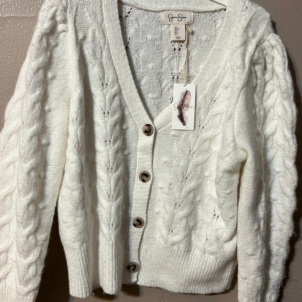 Jessica Simpson  white puff sleeve cardigan size large